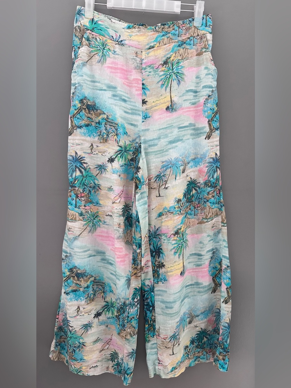 C & C CALIFORNIA womens M LINEN Blend Tropical Wide Leg PANTS Boho Beach VACA